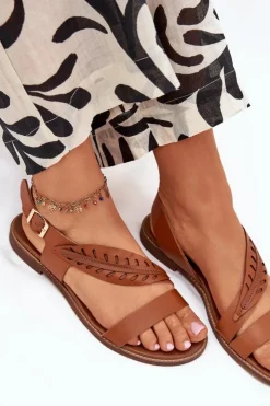 Damskie Boto Sandały Damskie Z Naturalnej Skóry Na Płaskim Obcasie Zazoo 3564 Camel