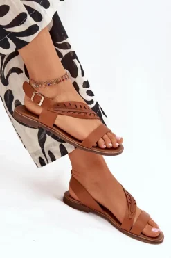 Damskie Boto Sandały Damskie Z Naturalnej Skóry Na Płaskim Obcasie Zazoo 3564 Camel