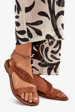 Damskie Boto Sandały Damskie Z Naturalnej Skóry Na Płaskim Obcasie Zazoo 3564 Camel