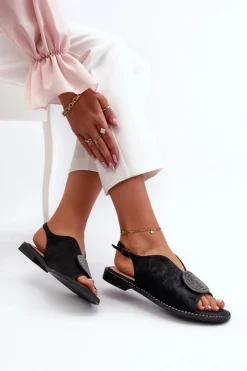 Damskie buty S.Barski Sandały Płaskie*Sandały Damskie Z Ozdobą Na Płaskim Obcasie S.Barski KV24-057 Czarne