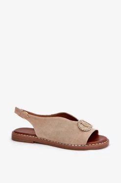 Damskie Boto Sandały Damskie Z Ozdobą Na Płaskim Obcasie Eko Zamszowe Beżowe Ralisses