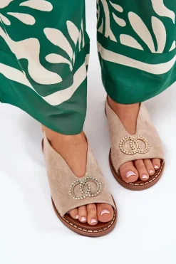 Damskie Boto Sandały Damskie Z Ozdobą Na Płaskim Obcasie Eko Zamszowe Beżowe Ralisses