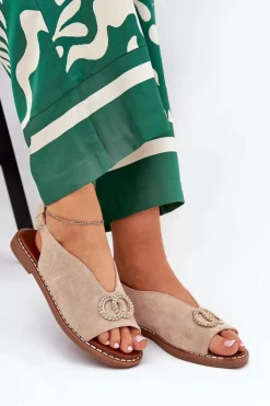 Damskie Boto Sandały Damskie Z Ozdobą Na Płaskim Obcasie Eko Zamszowe Beżowe Ralisses