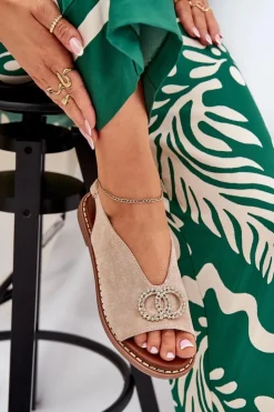 Damskie Boto Sandały Damskie Z Ozdobą Na Płaskim Obcasie Eko Zamszowe Beżowe Ralisses