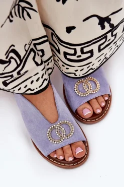 Hot Boto Sandały Damskie Z Ozdobą Na Płaskim Obcasie Eko Zamszowe e Ralisses Niebieski