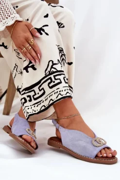 Hot Boto Sandały Damskie Z Ozdobą Na Płaskim Obcasie Eko Zamszowe e Ralisses Niebieski