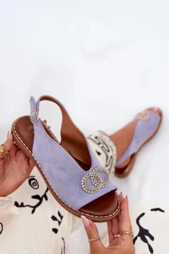 Hot Boto Sandały Damskie Z Ozdobą Na Płaskim Obcasie Eko Zamszowe e Ralisses Niebieski