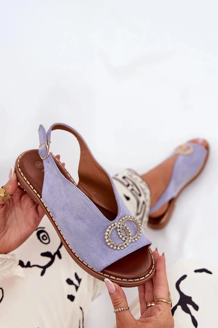 Hot Boto Sandały Damskie Z Ozdobą Na Płaskim Obcasie Eko Zamszowe e Ralisses Niebieski