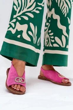 Boto Sandały Płaskie*Sandały Damskie Z Ozdobą Na Płaskim Obcasie Eko Zamszowe Różowe Ralisses Różowy