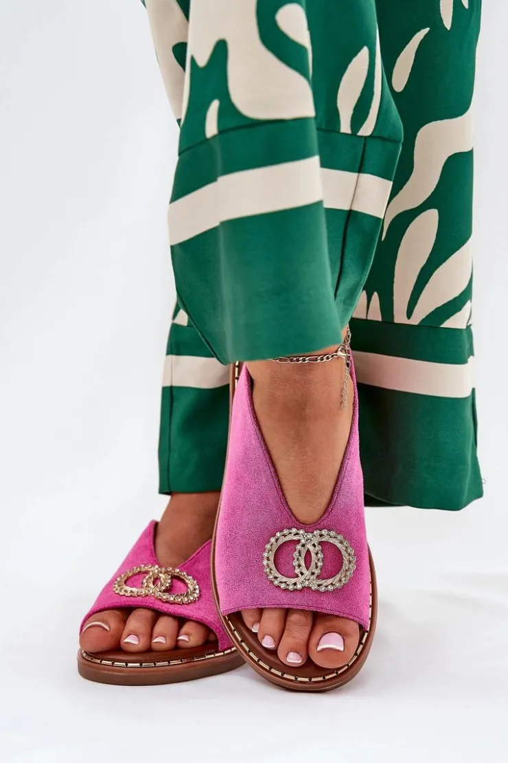 Boto Sandały Płaskie*Sandały Damskie Z Ozdobą Na Płaskim Obcasie Eko Zamszowe Różowe Ralisses Różowy