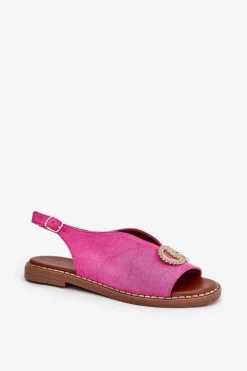 Boto Sandały Płaskie*Sandały Damskie Z Ozdobą Na Płaskim Obcasie Eko Zamszowe Różowe Ralisses Różowy