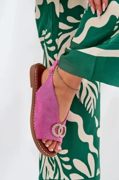 Boto Sandały Płaskie*Sandały Damskie Z Ozdobą Na Płaskim Obcasie Eko Zamszowe Różowe Ralisses Różowy