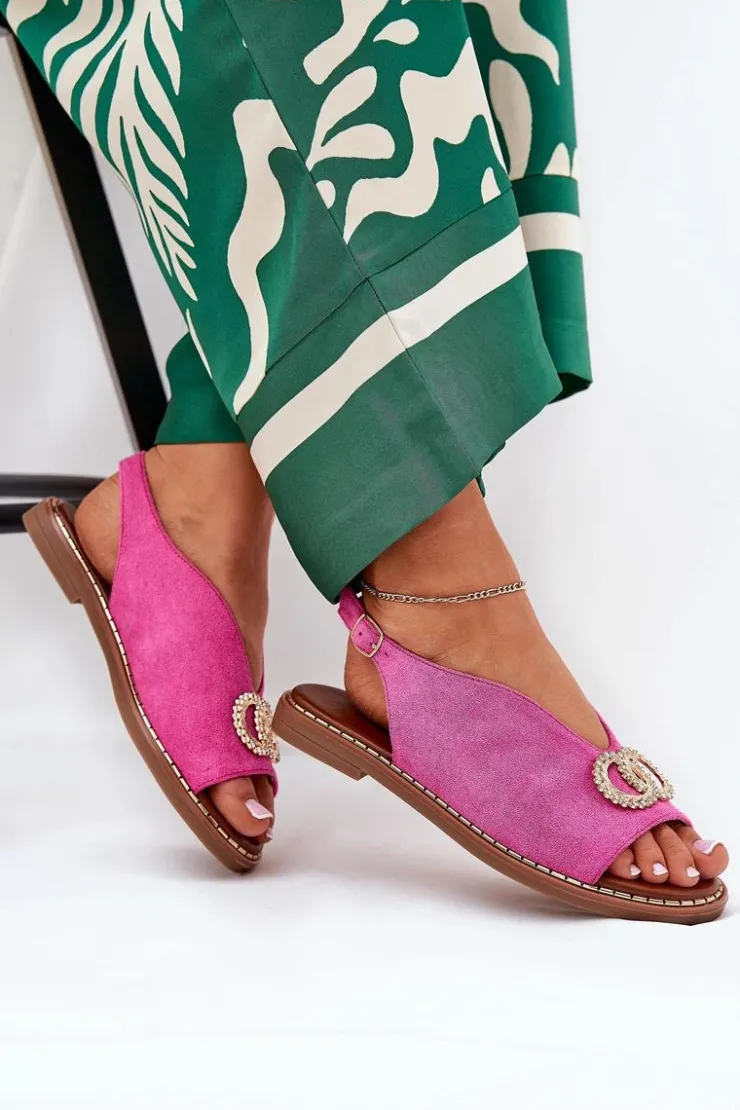 Boto Sandały Płaskie*Sandały Damskie Z Ozdobą Na Płaskim Obcasie Eko Zamszowe Różowe Ralisses Różowy