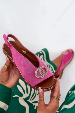 Boto Sandały Płaskie*Sandały Damskie Z Ozdobą Na Płaskim Obcasie Eko Zamszowe Różowe Ralisses Różowy