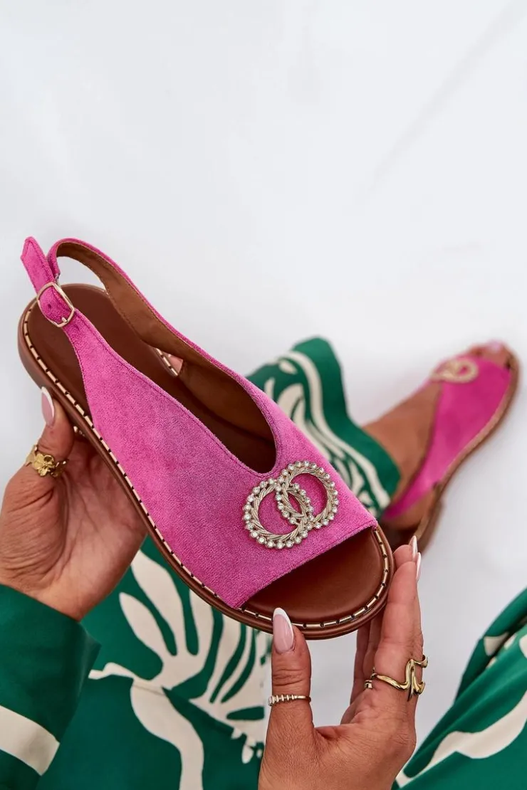 Boto Sandały Płaskie*Sandały Damskie Z Ozdobą Na Płaskim Obcasie Eko Zamszowe Różowe Ralisses Różowy