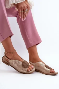 Damskie Damskie buty S.Barski Sandały Damskie Z Ozdobą Na Płaskim Obcasie S.Barski KV24-057 Złote