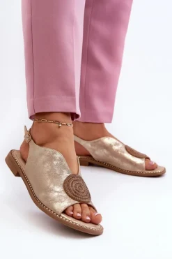 Damskie Damskie buty S.Barski Sandały Damskie Z Ozdobą Na Płaskim Obcasie S.Barski KV24-057 Złote