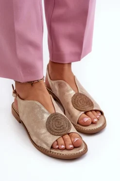 Damskie Damskie buty S.Barski Sandały Damskie Z Ozdobą Na Płaskim Obcasie S.Barski KV24-057 Złote