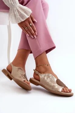 Damskie Damskie buty S.Barski Sandały Damskie Z Ozdobą Na Płaskim Obcasie S.Barski KV24-057 Złote