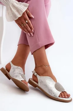 New Damskie buty S.Barski Sandały Damskie Z Ozdobą Na Płaskim Obcasie S.Barski KV24-057 Srebrne