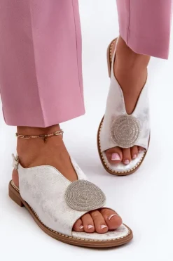 New Damskie buty S.Barski Sandały Damskie Z Ozdobą Na Płaskim Obcasie S.Barski KV24-057 Srebrne