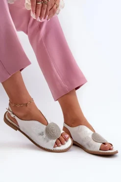 New Damskie buty S.Barski Sandały Damskie Z Ozdobą Na Płaskim Obcasie S.Barski KV24-057 Srebrne