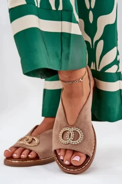 Damskie Boto Sandały Damskie Z Ozdobą Na Płaskim Obcasie Eko Zamszowe Ciemnobeżowe Ralisses