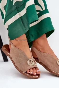 Damskie Boto Sandały Damskie Z Ozdobą Na Płaskim Obcasie Eko Zamszowe Ciemnobeżowe Ralisses