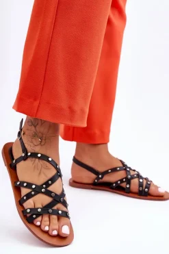 Boto Sandały Płaskie*Sandały Damskie Z Ozdobami Czarne Alemona Czarny