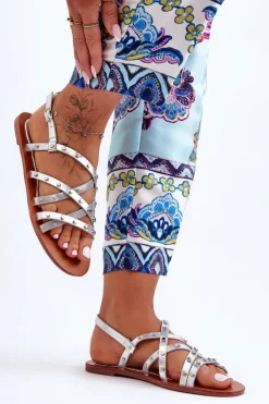 Boto Sandały Płaskie*Sandały Damskie z Ozdobami Srebrne Alemona