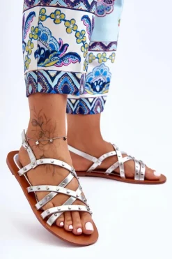 Boto Sandały Płaskie*Sandały Damskie z Ozdobami Srebrne Alemona