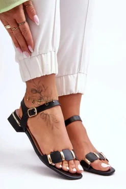 Boto Sandały Płaskie*Sandały Damskie Z Ozdobnym Paskiem Płaskie Czarne Adissa