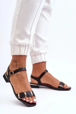 Boto Sandały Płaskie*Sandały Damskie Z Ozdobnym Paskiem Płaskie Czarne Adissa