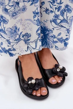 Boto Sandały Na Koturnie*Sandały Damskie Z Ozdobnym Kwiatkiem Czarne Divonne