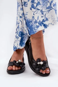 Boto Sandały Na Koturnie*Sandały Damskie Z Ozdobnym Kwiatkiem Czarne Divonne