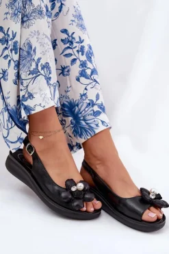 Boto Sandały Na Koturnie*Sandały Damskie Z Ozdobnym Kwiatkiem Czarne Divonne