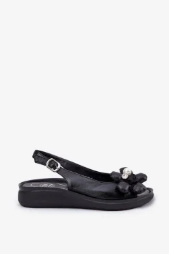 Boto Sandały Na Koturnie*Sandały Damskie Z Ozdobnym Kwiatkiem Czarne Divonne