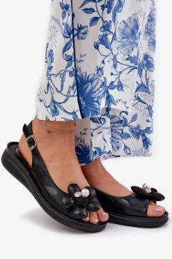 Boto Sandały Na Koturnie*Sandały Damskie Z Ozdobnym Kwiatkiem Czarne Divonne