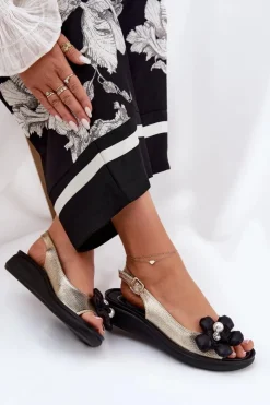 Damskie Boto Sandały Damskie Z Ozdobnym Kwiatkiem Złote Divonne