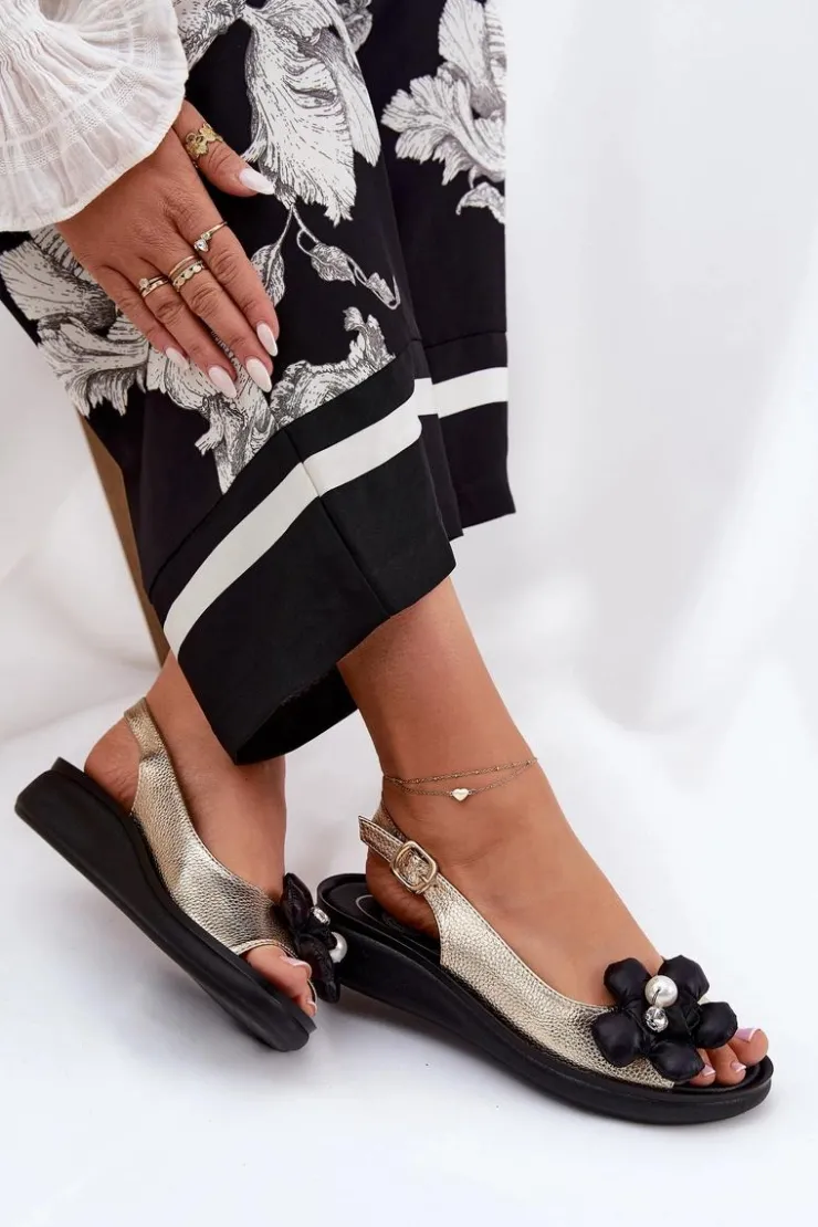 Damskie Boto Sandały Damskie Z Ozdobnym Kwiatkiem Złote Divonne