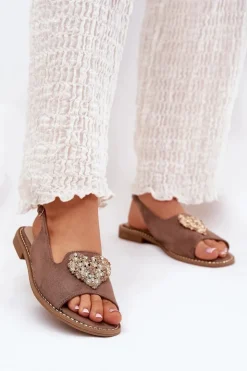 Damskie buty S.Barski Sandały Płaskie*Sandały Damskie Z Ozdobnym Sercem S.Barski KV27-018 Ciemnobeżowe Beżowy