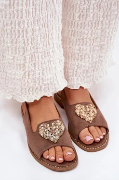 Damskie buty S.Barski Sandały Płaskie*Sandały Damskie Z Ozdobnym Sercem S.Barski KV27-018 Ciemnobeżowe Beżowy