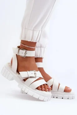 Damskie Boto Sandały Damskie Z Paskami Eko Skórzane Białe Eladira