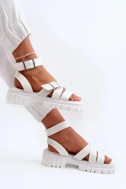Damskie Boto Sandały Damskie Z Paskami Eko Skórzane Białe Eladira