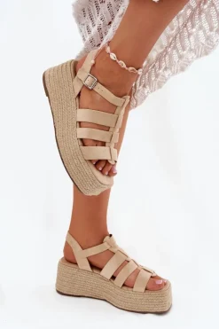 Damskie Boto Sandały Damskie Z Paskami I Plecionką Beżowe Pardauss
