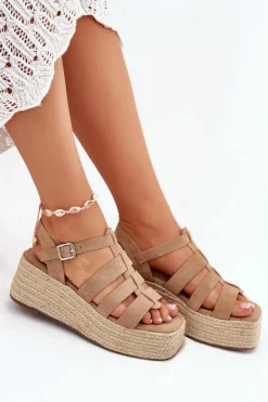 Discount Boto Sandały Damskie Z Paskami I Plecionką Khaki Pardauss