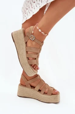 Discount Boto Sandały Damskie Z Paskami I Plecionką Khaki Pardauss