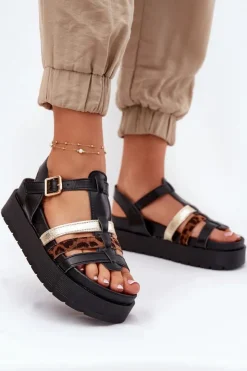 Boto Sandały Płaskie*Sandały Damskie Z Paskami Na Platformie Czarne Gallari