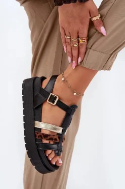 Boto Sandały Płaskie*Sandały Damskie Z Paskami Na Platformie Czarne Gallari