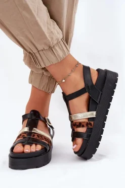 Boto Sandały Płaskie*Sandały Damskie Z Paskami Na Platformie Czarne Gallari